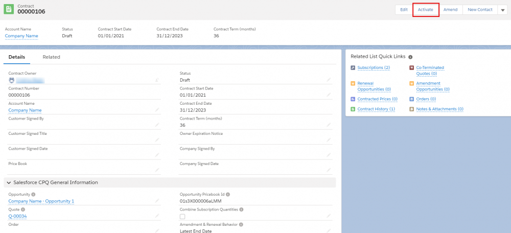 Salesforce CPQ Contract Details,Related List Quick Links and Buttons